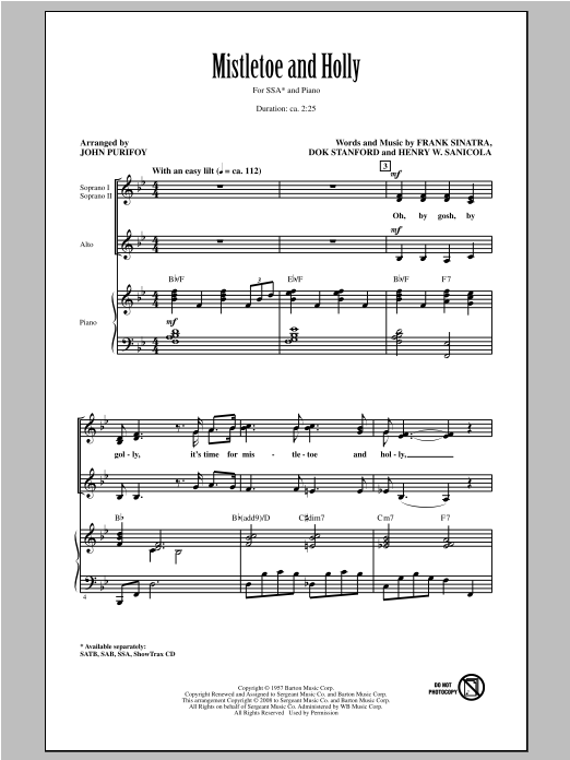 John Purifoy Mistletoe And Holly sheet music notes and chords arranged for SSA Choir