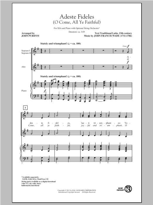 John Purifoy O Come, All Ye Faithful (Adeste Fideles) sheet music notes and chords arranged for SSA Choir