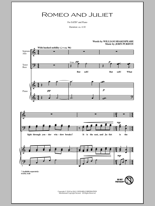 John Purifoy Romeo And Juliet sheet music notes and chords arranged for SAB Choir