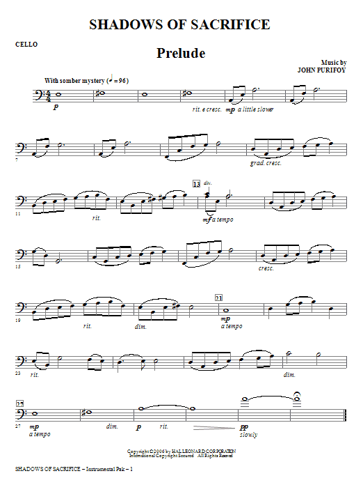 John Purifoy Shadows of Sacrifice - Cello sheet music notes and chords arranged for Choir Instrumental Pak