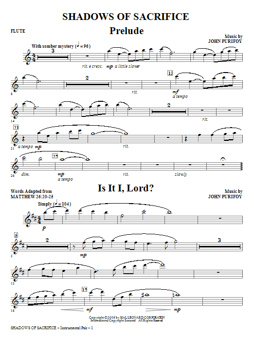 John Purifoy Shadows of Sacrifice - Flute sheet music notes and chords arranged for Choir Instrumental Pak