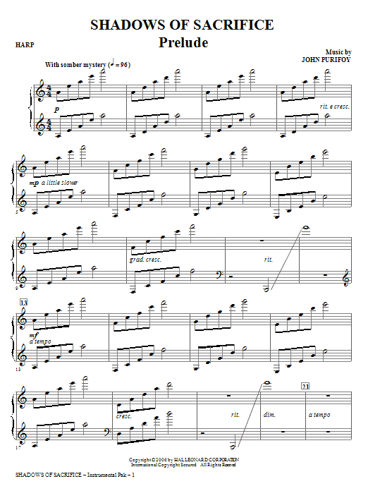 John Purifoy Shadows of Sacrifice - Harp sheet music notes and chords arranged for Choir Instrumental Pak