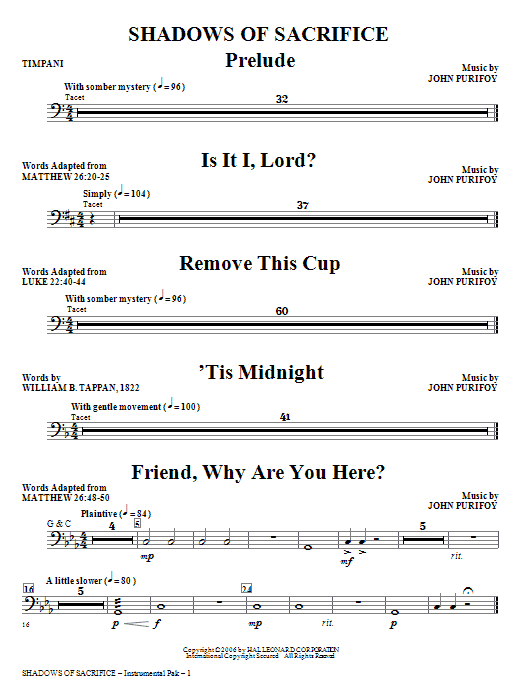 John Purifoy Shadows of Sacrifice - Timpani sheet music notes and chords arranged for Choir Instrumental Pak