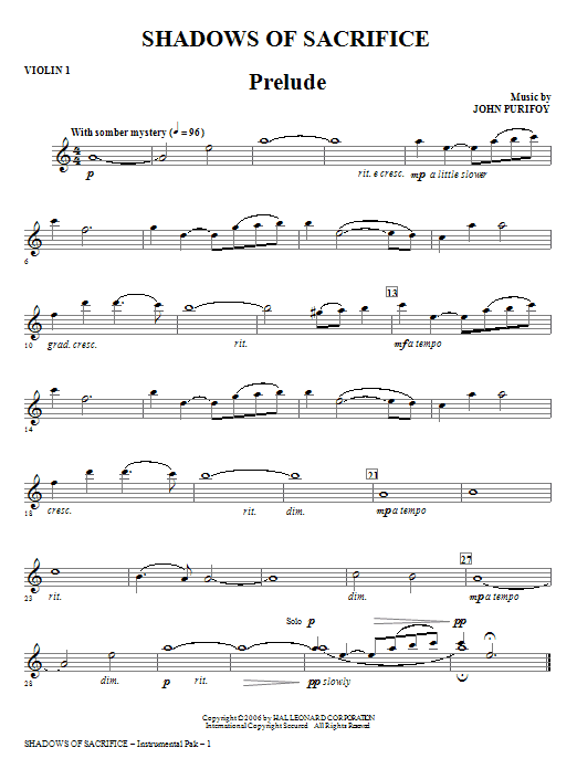 John Purifoy Shadows of Sacrifice - Violin 1 sheet music notes and chords arranged for Choir Instrumental Pak