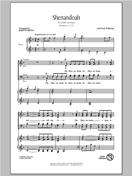 John Purifoy Shenandoah sheet music notes and chords arranged for SATB Choir