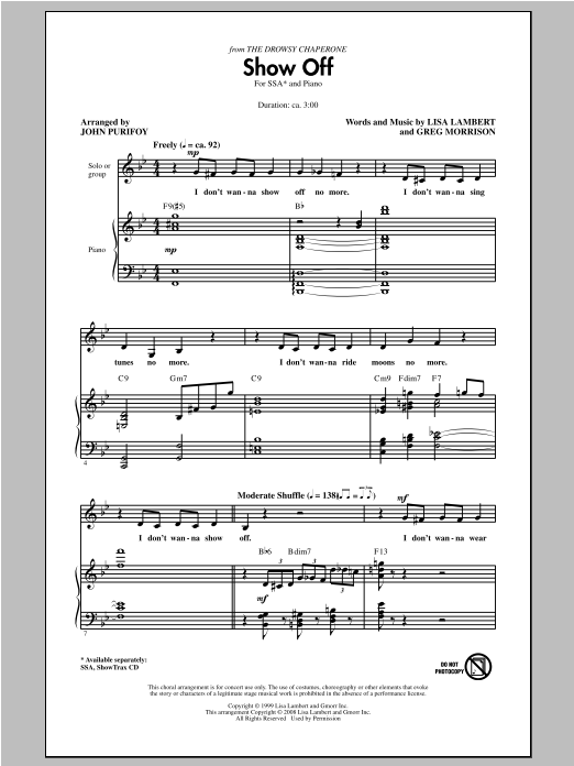 John Purifoy Show Off (from The Drowsy Chaperone) sheet music notes and chords arranged for SSA Choir