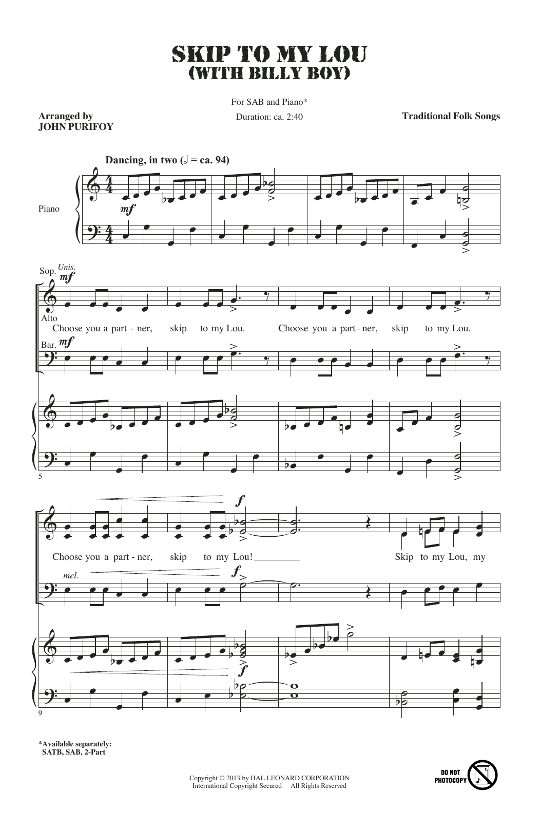 John Purifoy Skip To My Lou (with Billy Boy) sheet music notes and chords arranged for SAB Choir