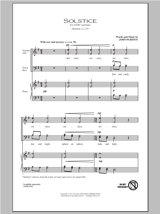 John Purifoy Solstice sheet music notes and chords arranged for SSA Choir