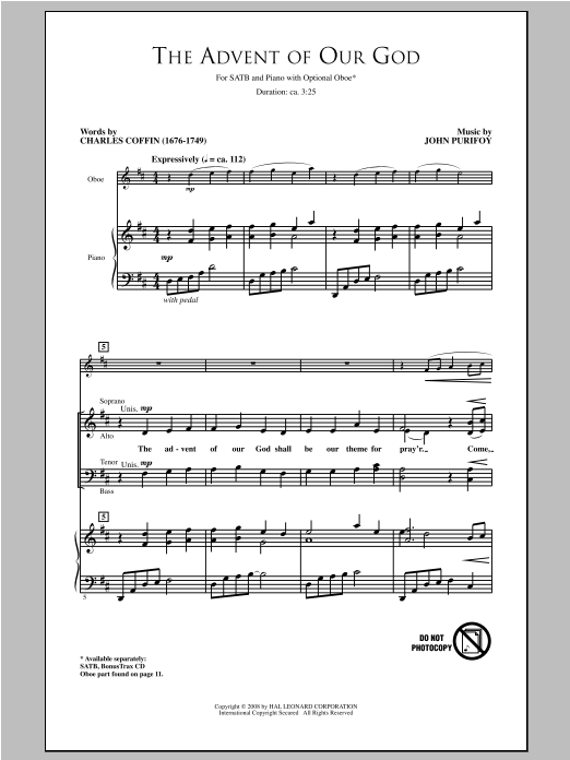 John Purifoy The Advent Of Our God sheet music notes and chords arranged for SATB Choir