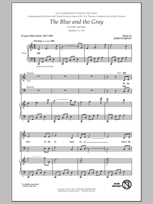 John Purifoy The Blue And The Gray sheet music notes and chords arranged for TBB Choir