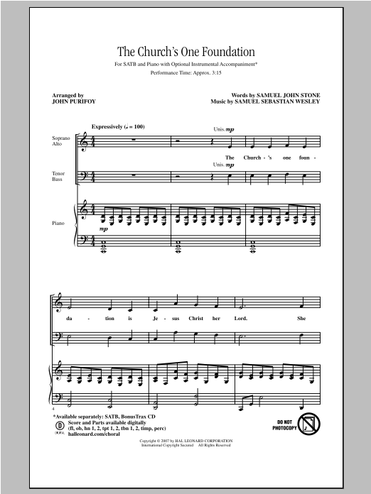 John Purifoy The Church's One Foundation sheet music notes and chords arranged for SATB Choir
