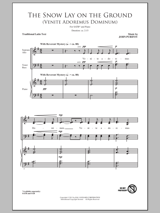 John Purifoy The Snow Lay On The Ground (Venite Adoremus Dominum) sheet music notes and chords arranged for SAB Choir