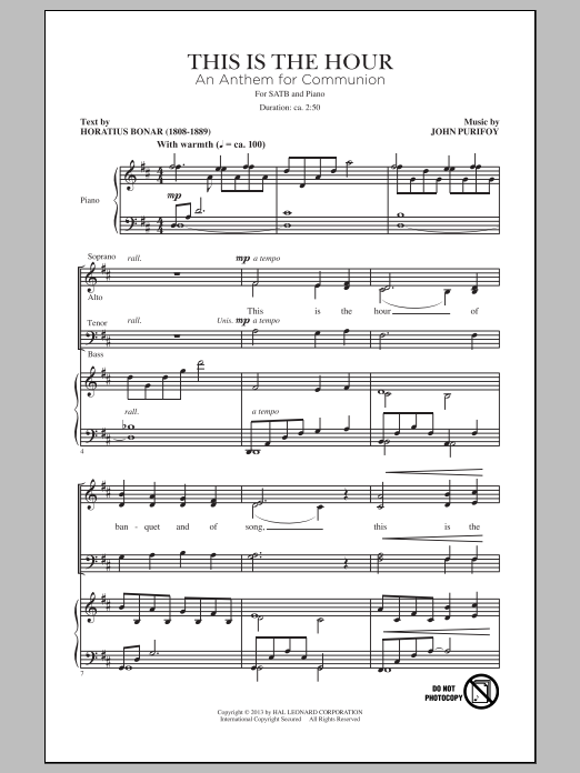 John Purifoy This Is The Hour sheet music notes and chords arranged for SATB Choir