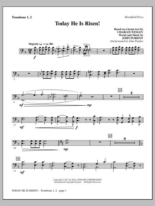 John Purifoy Today He Is Risen! - Trombone 1 & 2 sheet music notes and chords arranged for Choir Instrumental Pak