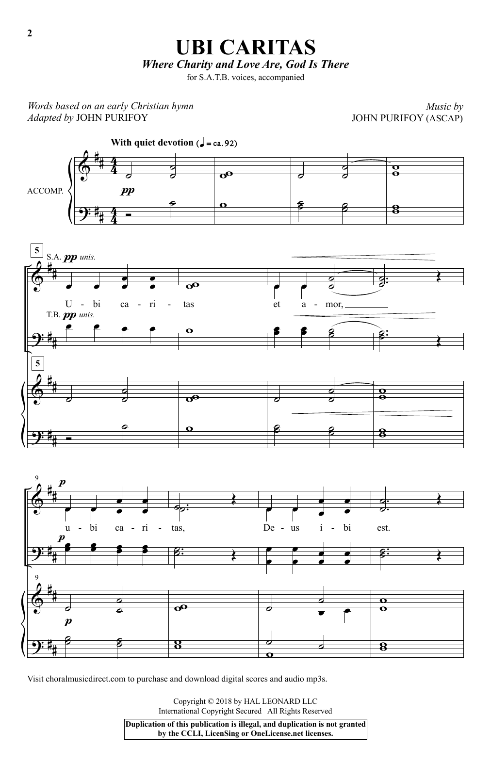 John Purifoy Ubi Caritas (Where Charity And Love Are, God Is There) sheet music notes and chords arranged for SATB Choir