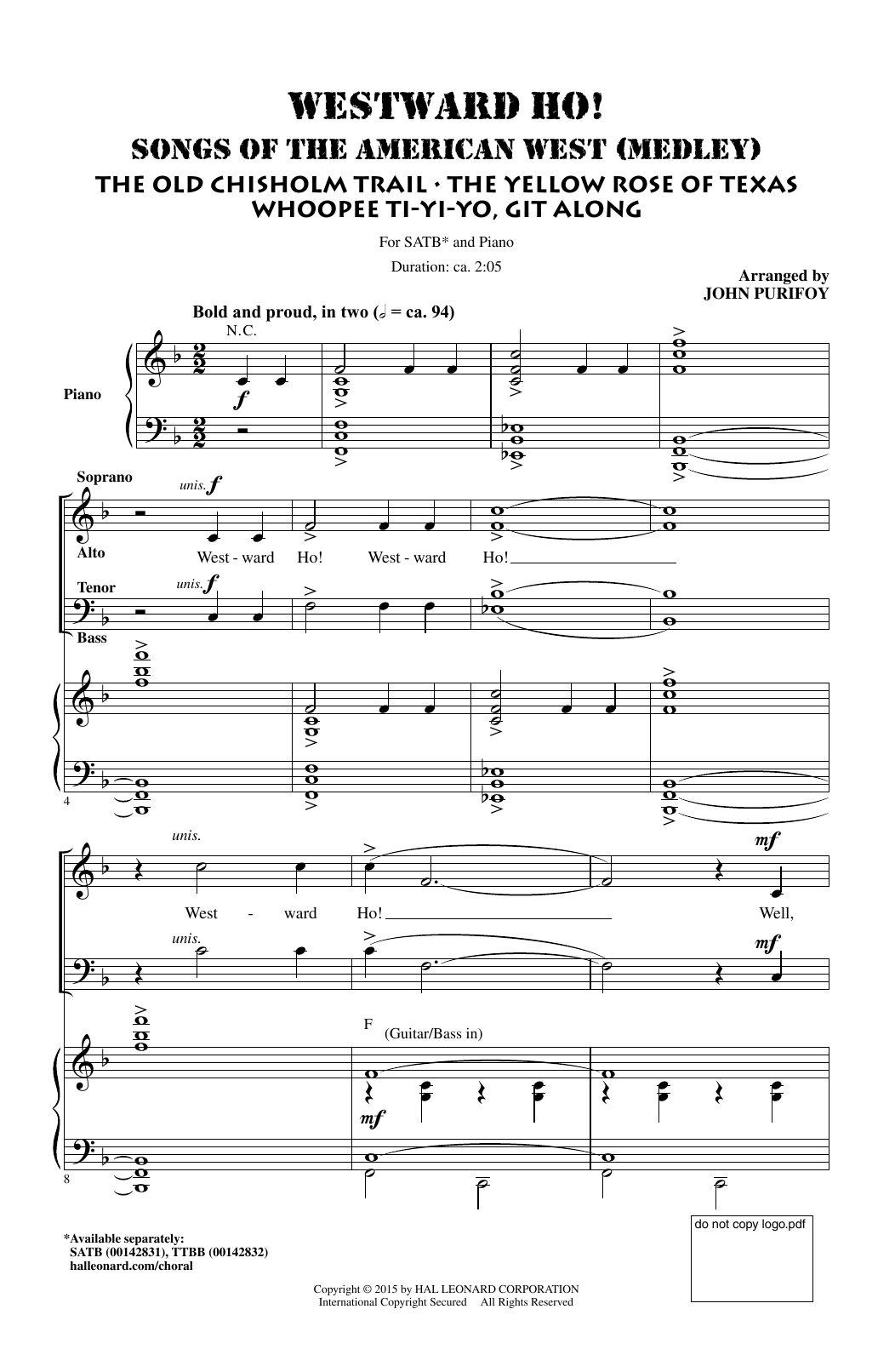 John Purifoy Westward Ho! Songs of the American West (Medley) sheet music notes and chords arranged for TTBB Choir