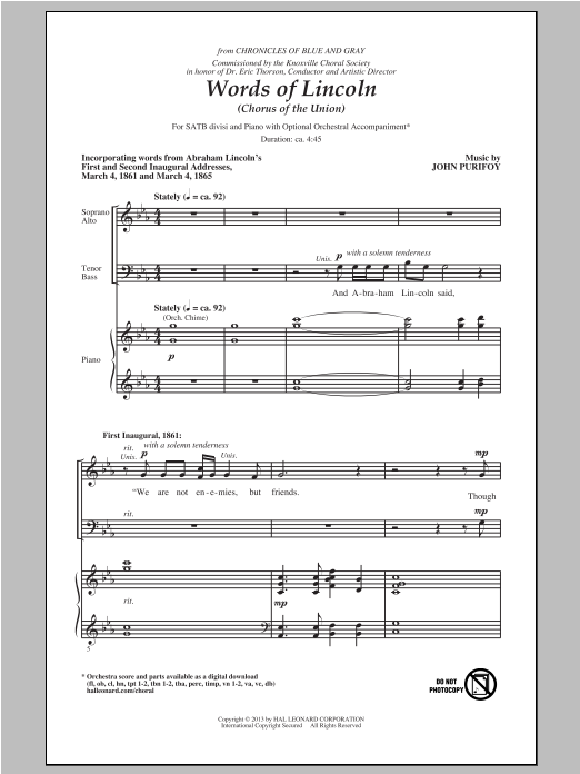 John Purifoy Words Of Lincoln (Chorus of the Union) sheet music notes and chords arranged for SATB Choir