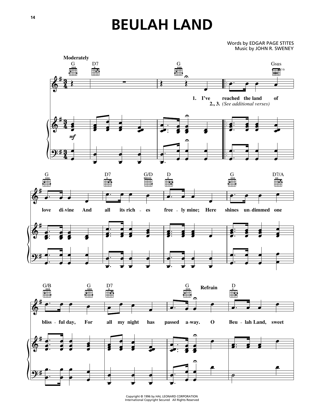 John R. Sweney Beulah Land sheet music notes and chords arranged for Piano, Vocal & Guitar Chords (Right-Hand Melody)