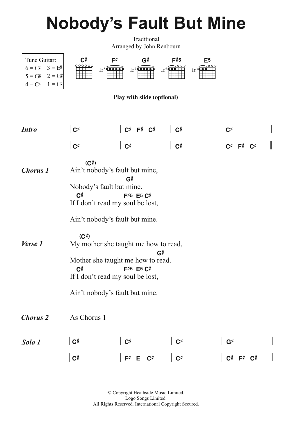John Renbourn Nobody's Fault But Mine sheet music notes and chords arranged for Guitar Chords/Lyrics