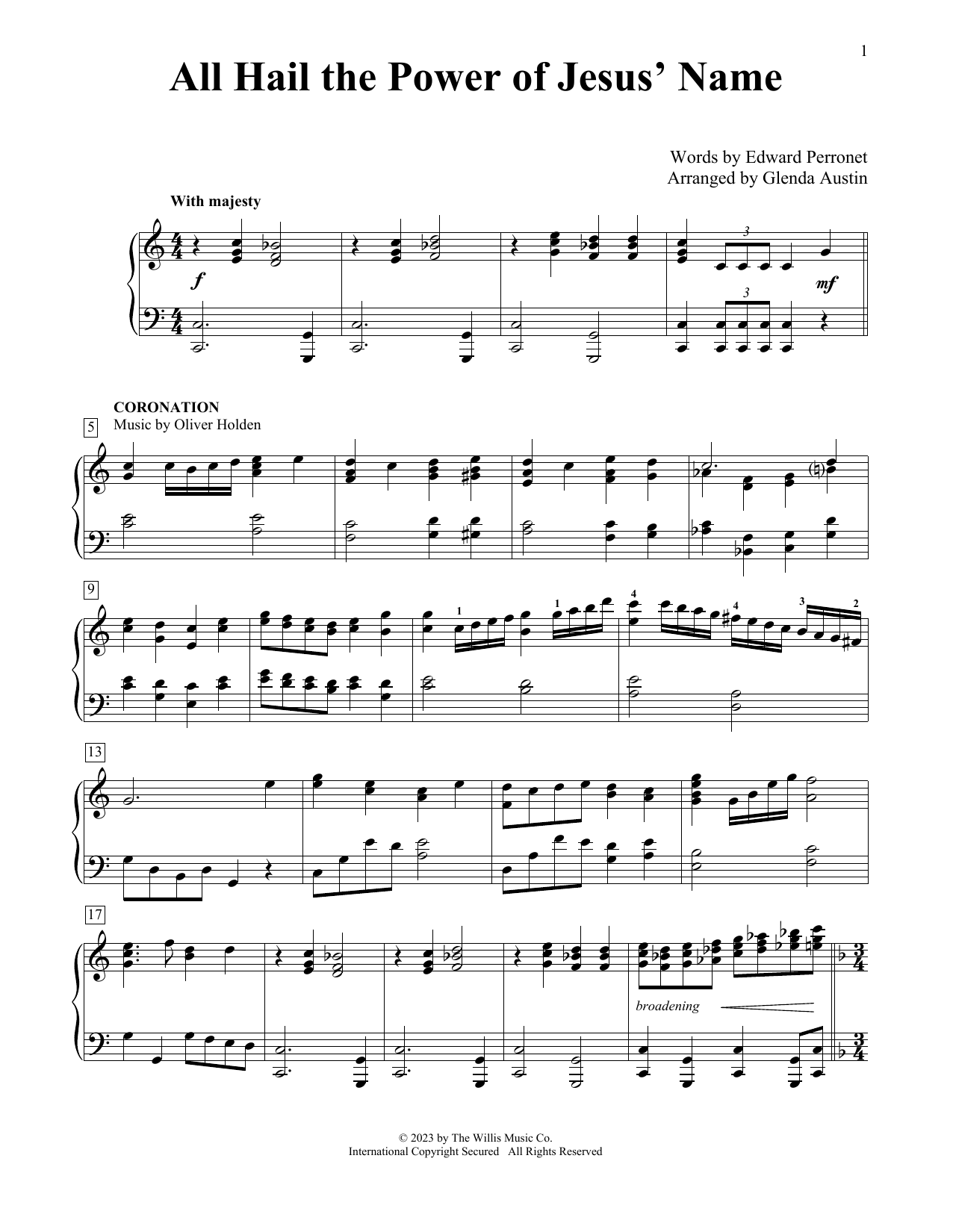 John Rippon All Hail The Power Of Jesus' Name (arr. Glenda Austin) sheet music notes and chords arranged for Educational Piano
