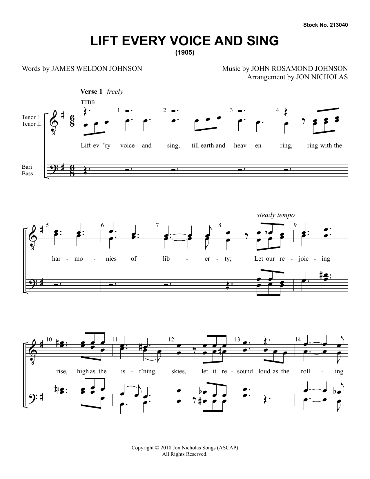 John Rosamond Johnson Lift Every Voice and Sing (arr. Jon Nicholas) sheet music notes and chords arranged for Choir