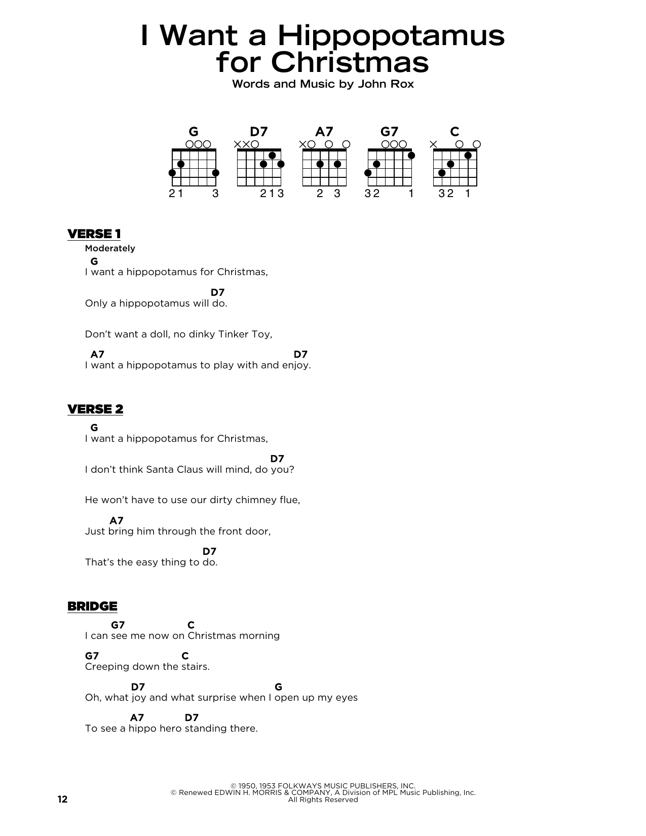 John Rox I Want A Hippopotamus For Christmas sheet music notes and chords arranged for Really Easy Guitar