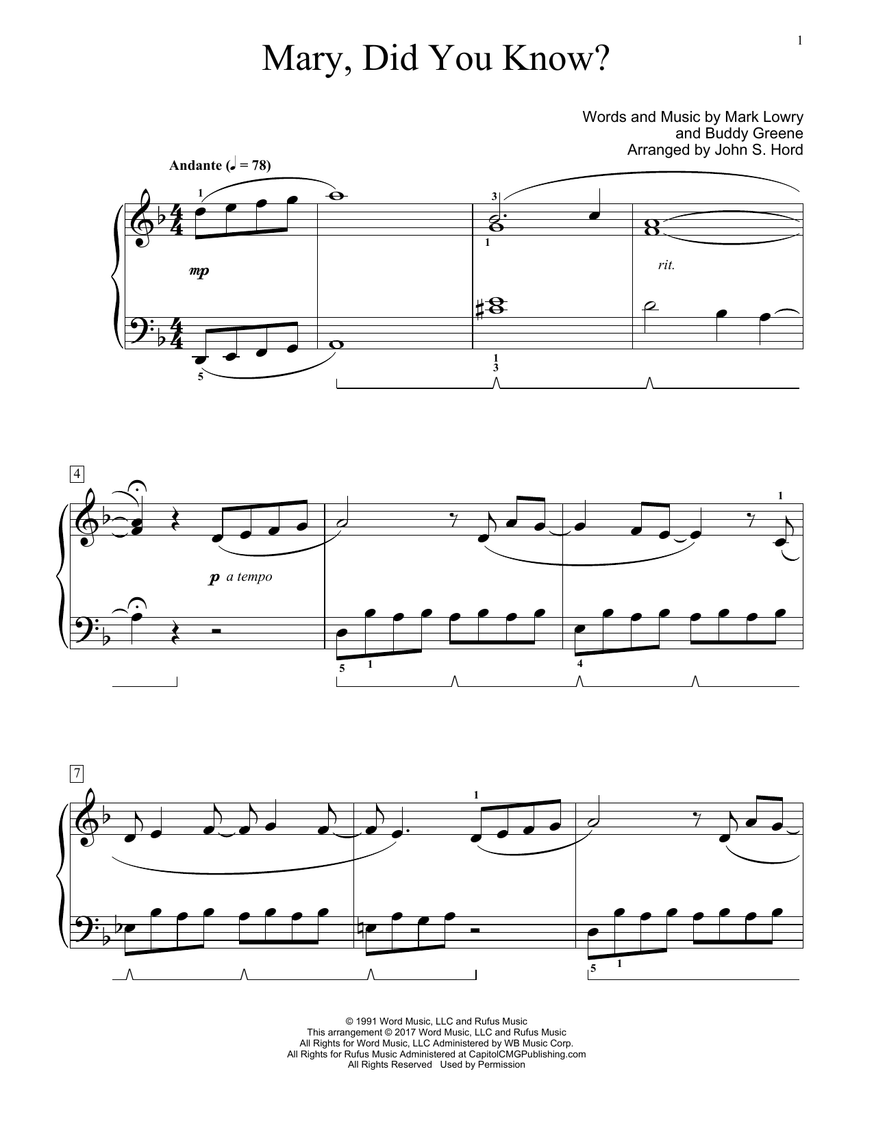 John S. Hord Mary, Did You Know? sheet music notes and chords arranged for Educational Piano