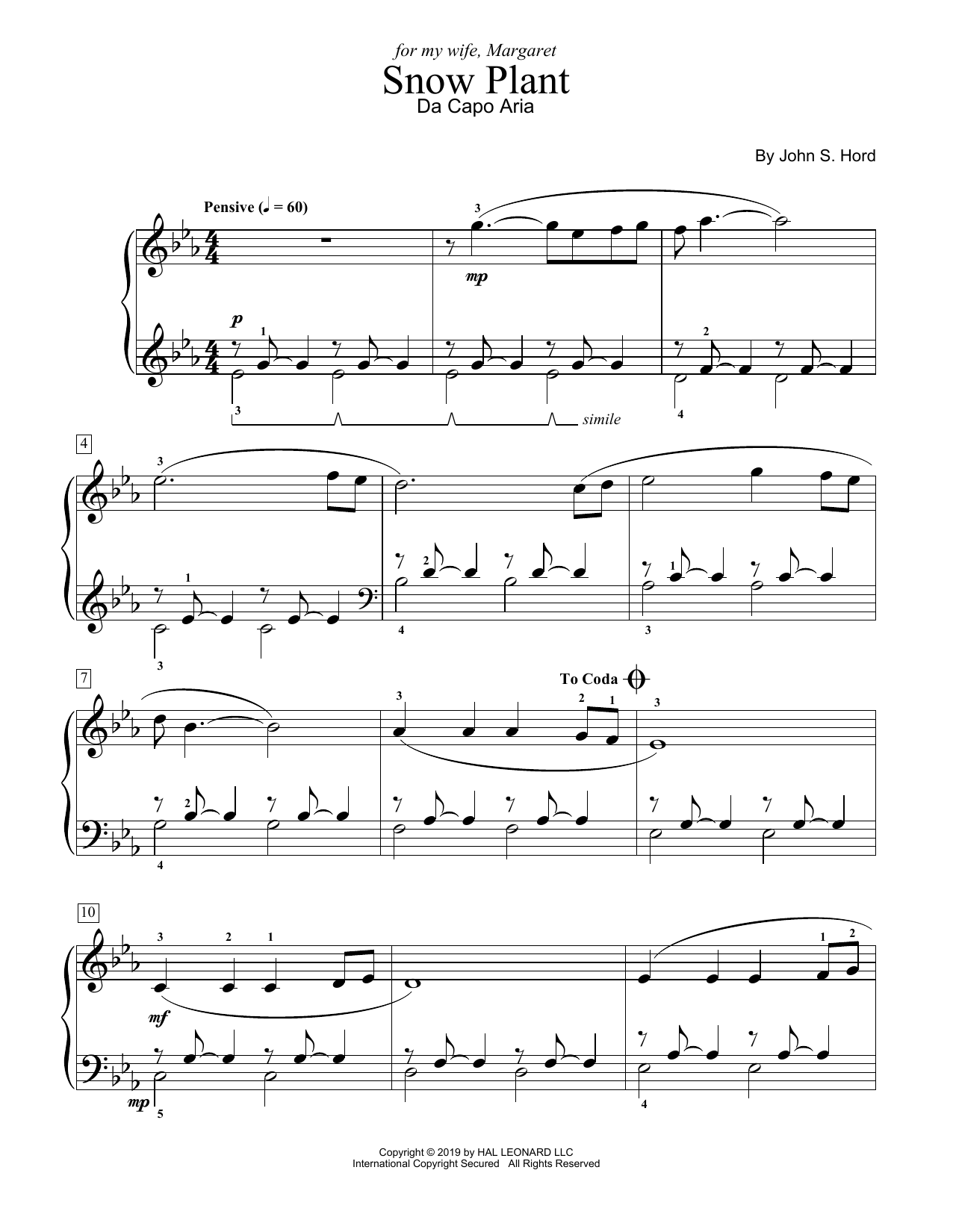 John S. Hord Snow Plant sheet music notes and chords arranged for Educational Piano