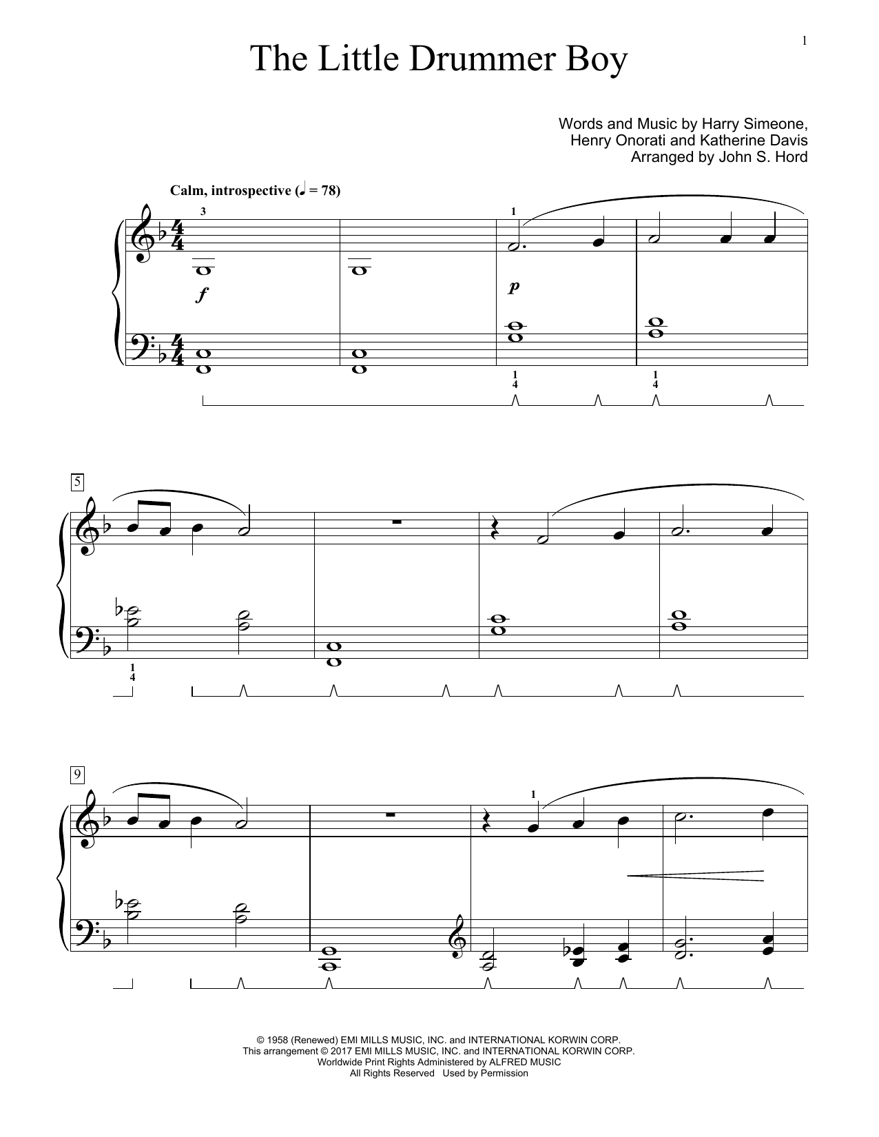 John S. Hord The Little Drummer Boy sheet music notes and chords arranged for Educational Piano