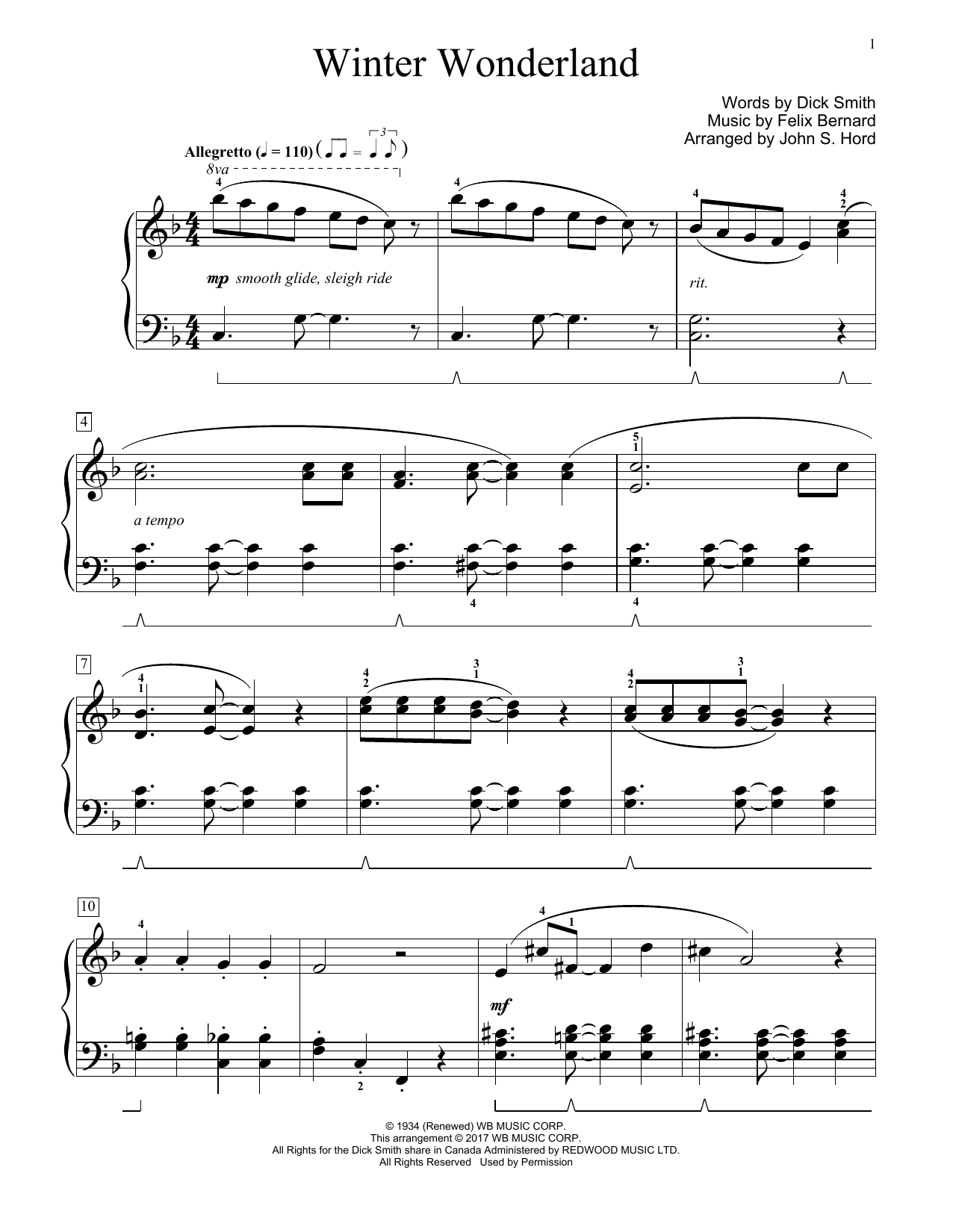 John S. Hord Winter Wonderland sheet music notes and chords arranged for Educational Piano