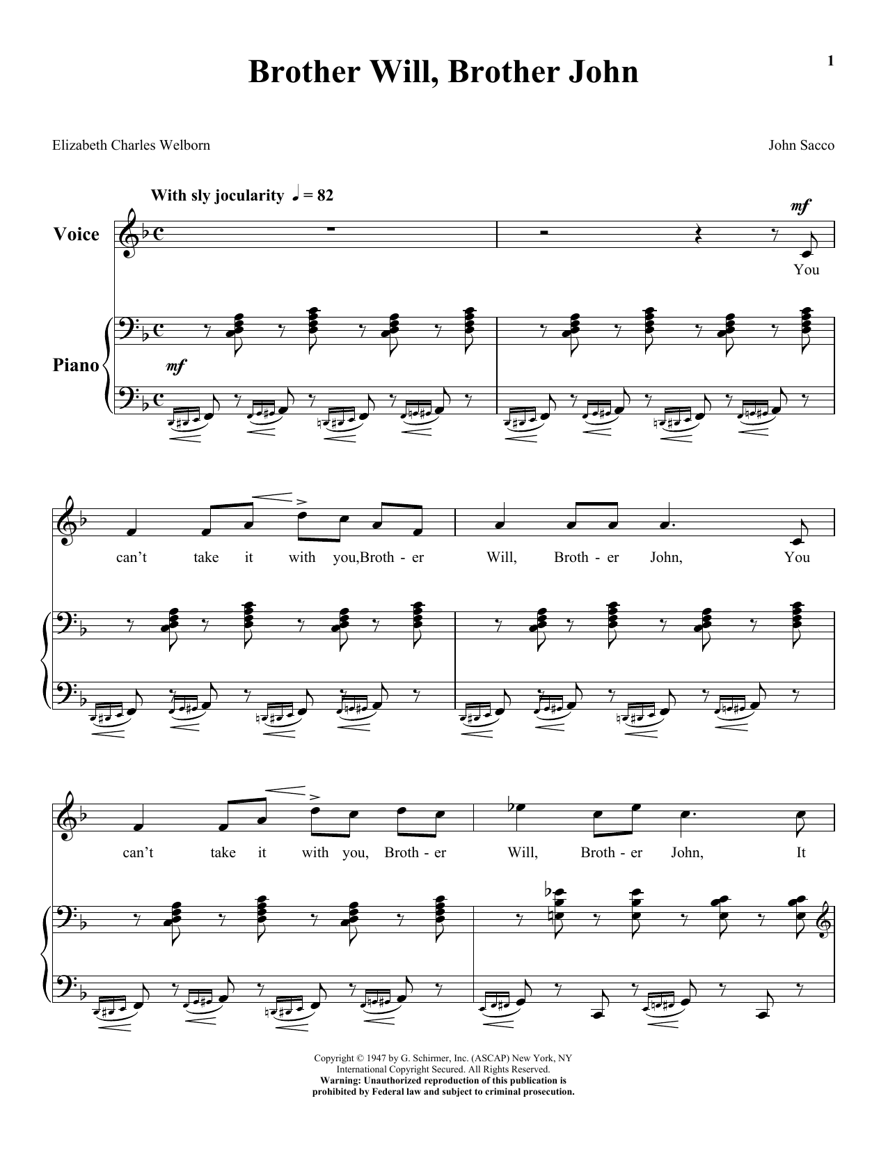 John Sacco Brother Will, Brother John sheet music notes and chords arranged for Piano & Vocal