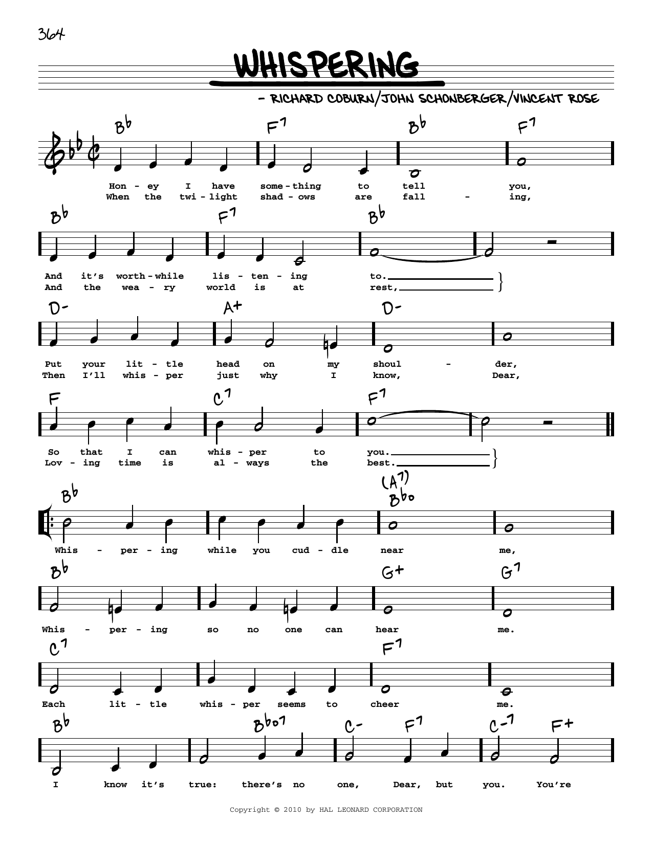 John Schonberger Whispering (arr. Robert Rawlins) sheet music notes and chords arranged for Real Book – Melody, Lyrics & Chords