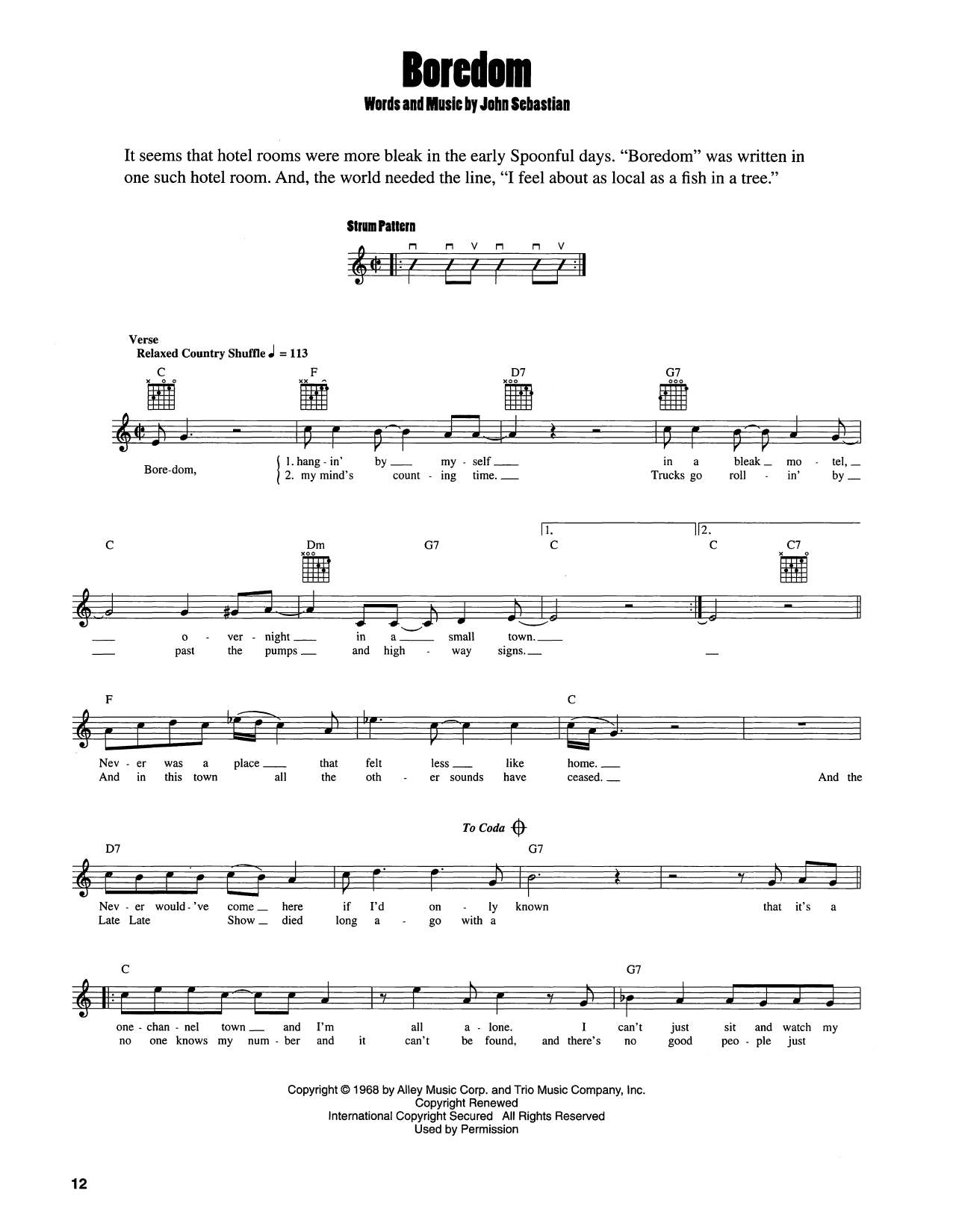 John Sebastian Boredom sheet music notes and chords arranged for Easy Guitar