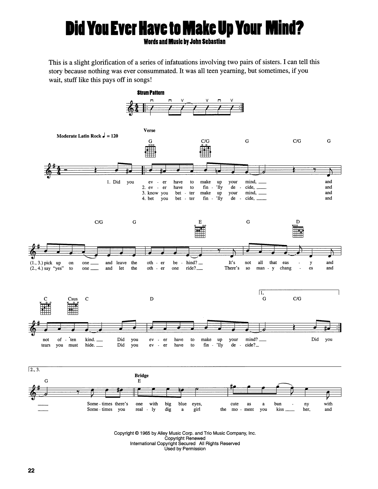 John Sebastian Did You Ever Have To Make Up Your Mind? sheet music notes and chords arranged for Easy Guitar