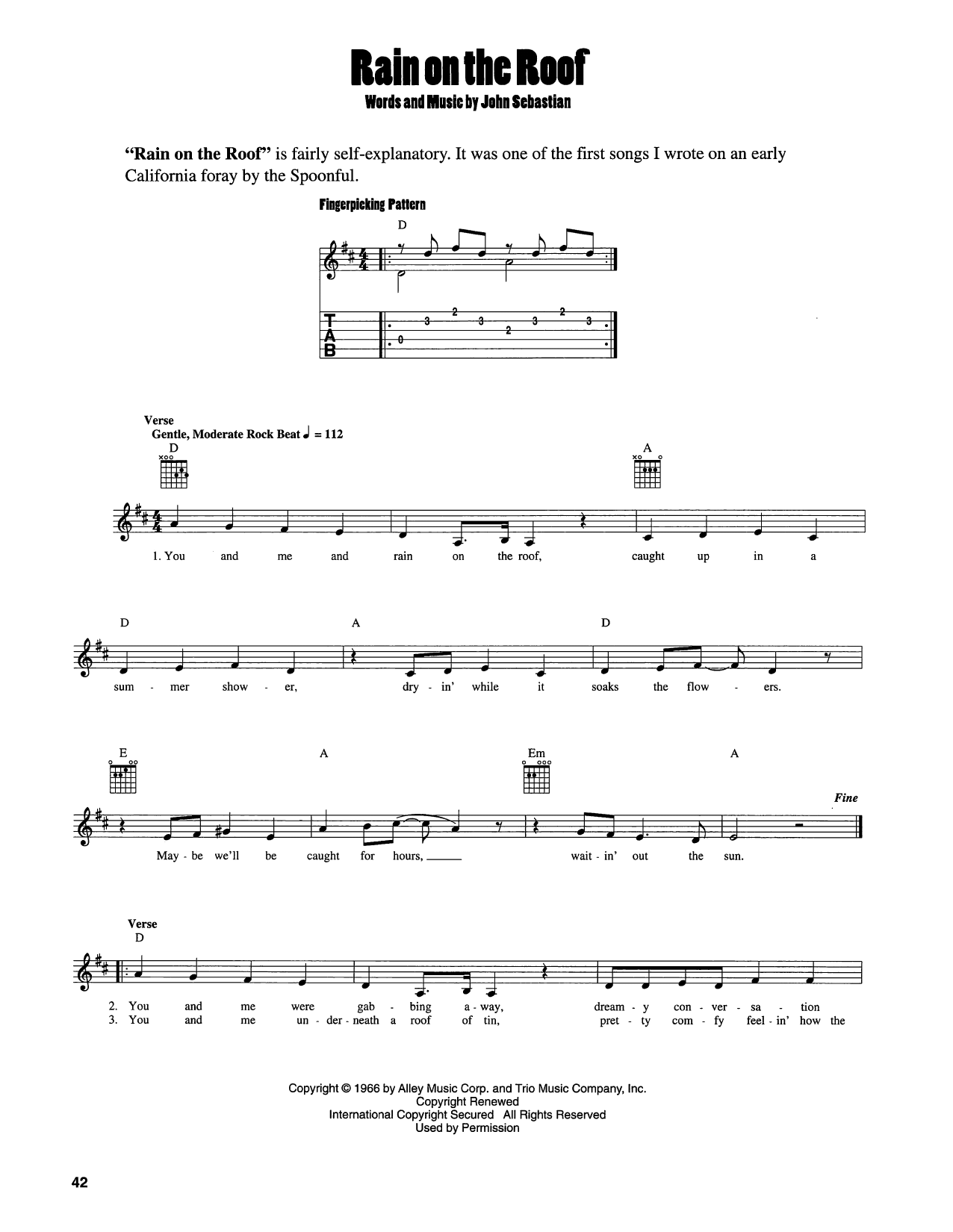 John Sebastian Rain On The Roof sheet music notes and chords arranged for Easy Guitar