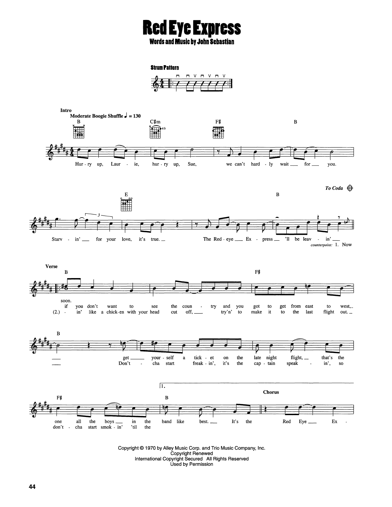 John Sebastian Red Eye Express sheet music notes and chords arranged for Easy Guitar