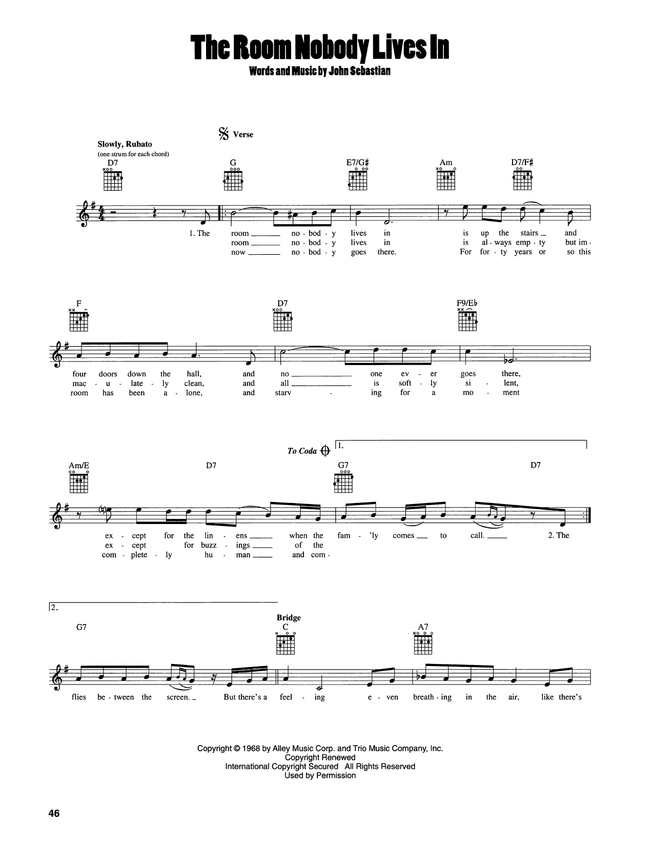 John Sebastian The Room Nobody Lives In sheet music notes and chords arranged for Easy Guitar
