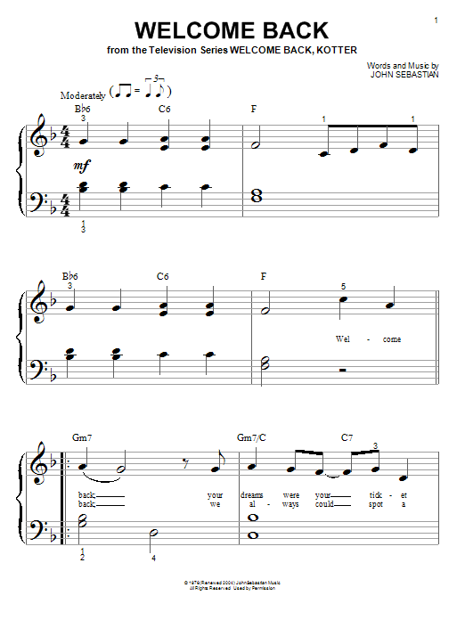 John Sebastian Welcome Back sheet music notes and chords arranged for Piano, Vocal & Guitar Chords (Right-Hand Melody)