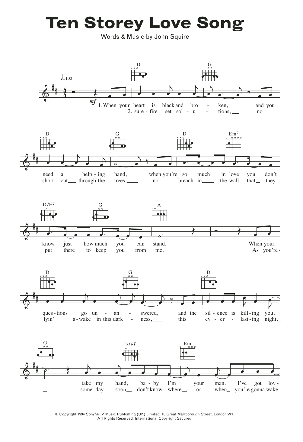 John Squire Ten Storey Love Song sheet music notes and chords arranged for Lead Sheet / Fake Book