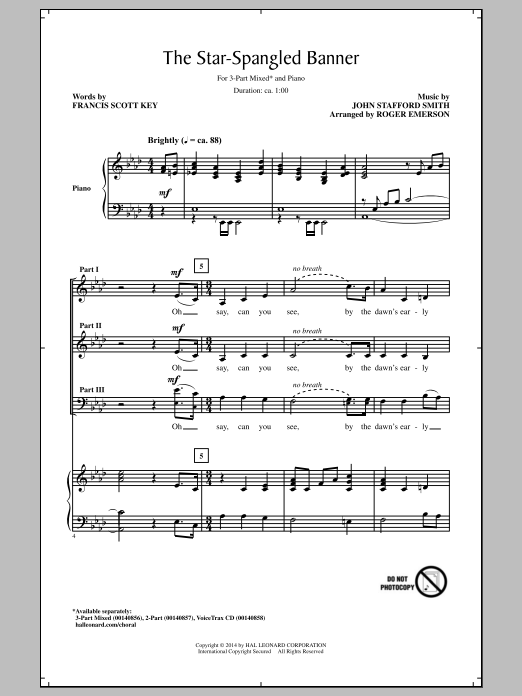 John Stafford Smith The Star Spangled Banner (arr. Roger Emerson) sheet music notes and chords arranged for 3-Part Mixed Choir