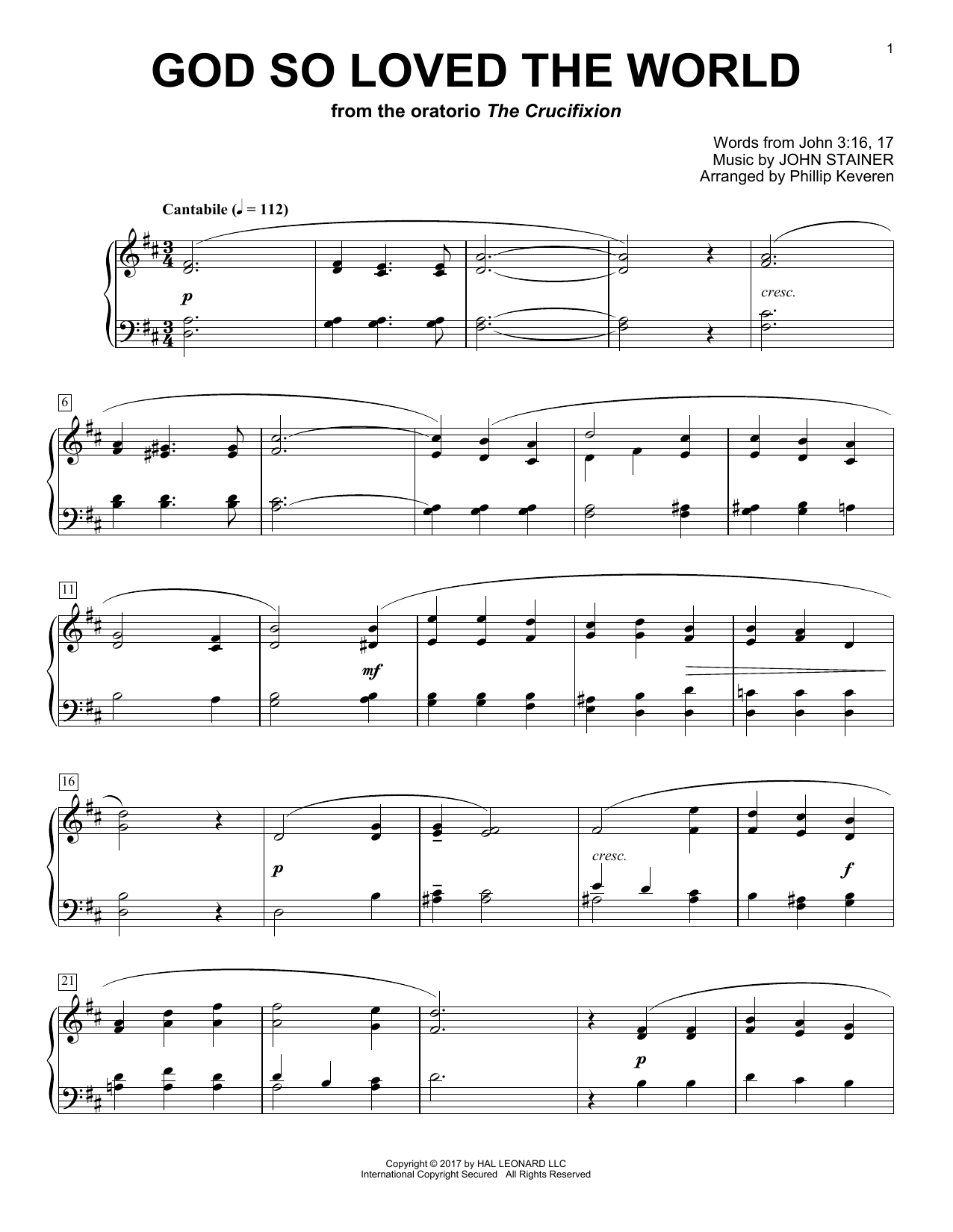 John Stainer God So Loved The World (arr. Phillip Keveren) sheet music notes and chords arranged for Piano Solo