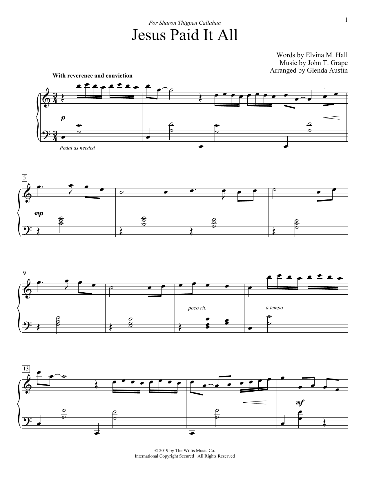 John T. Grape Jesus Paid It All (arr. Glenda Austin) sheet music notes and chords arranged for Educational Piano