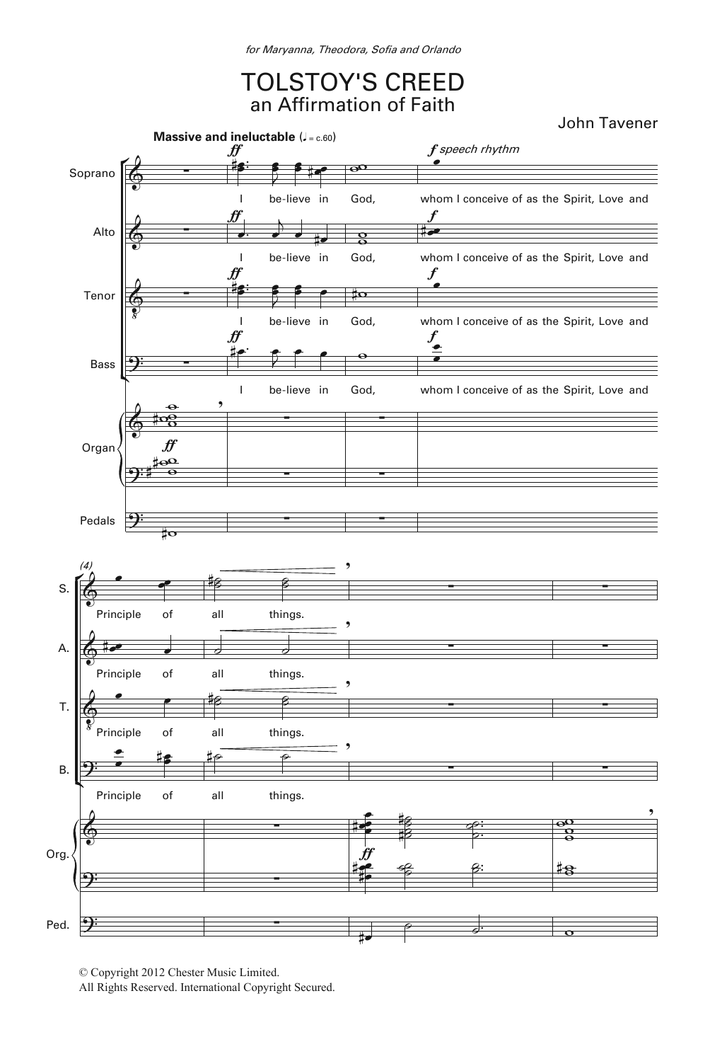 John Tavener Tolstoy's Creed sheet music notes and chords arranged for SATB Choir