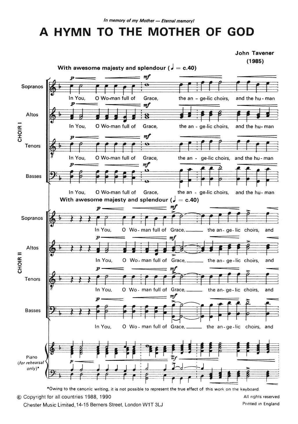 John Tavener Two Hymns To The Mother Of God sheet music notes and chords arranged for Piano, Vocal & Guitar Chords