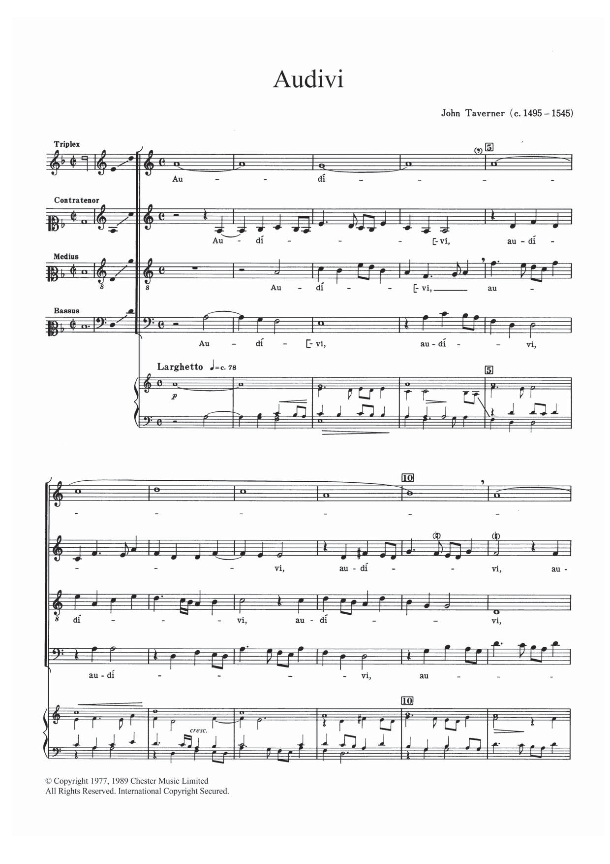 John Taverner Audivi sheet music notes and chords arranged for SATB Choir