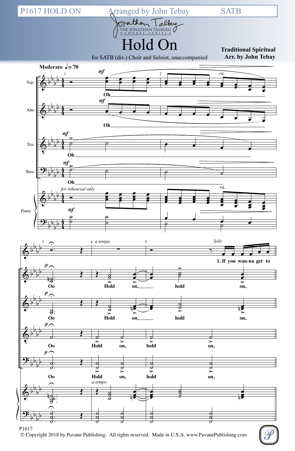John Tebay Hold On sheet music notes and chords arranged for SATB Choir
