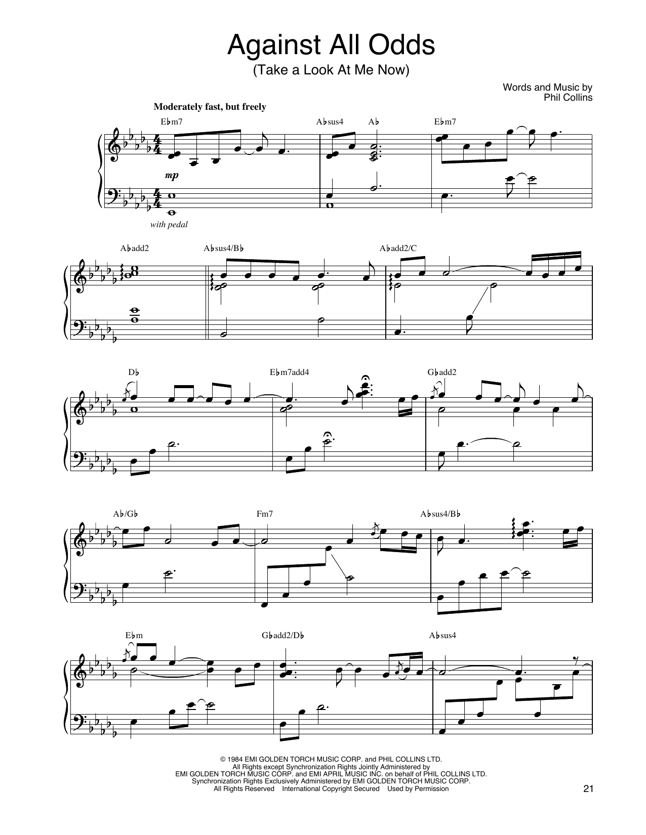 John Tesh Against All Odds (Take A Look At Me Now) sheet music notes and chords arranged for Piano Solo