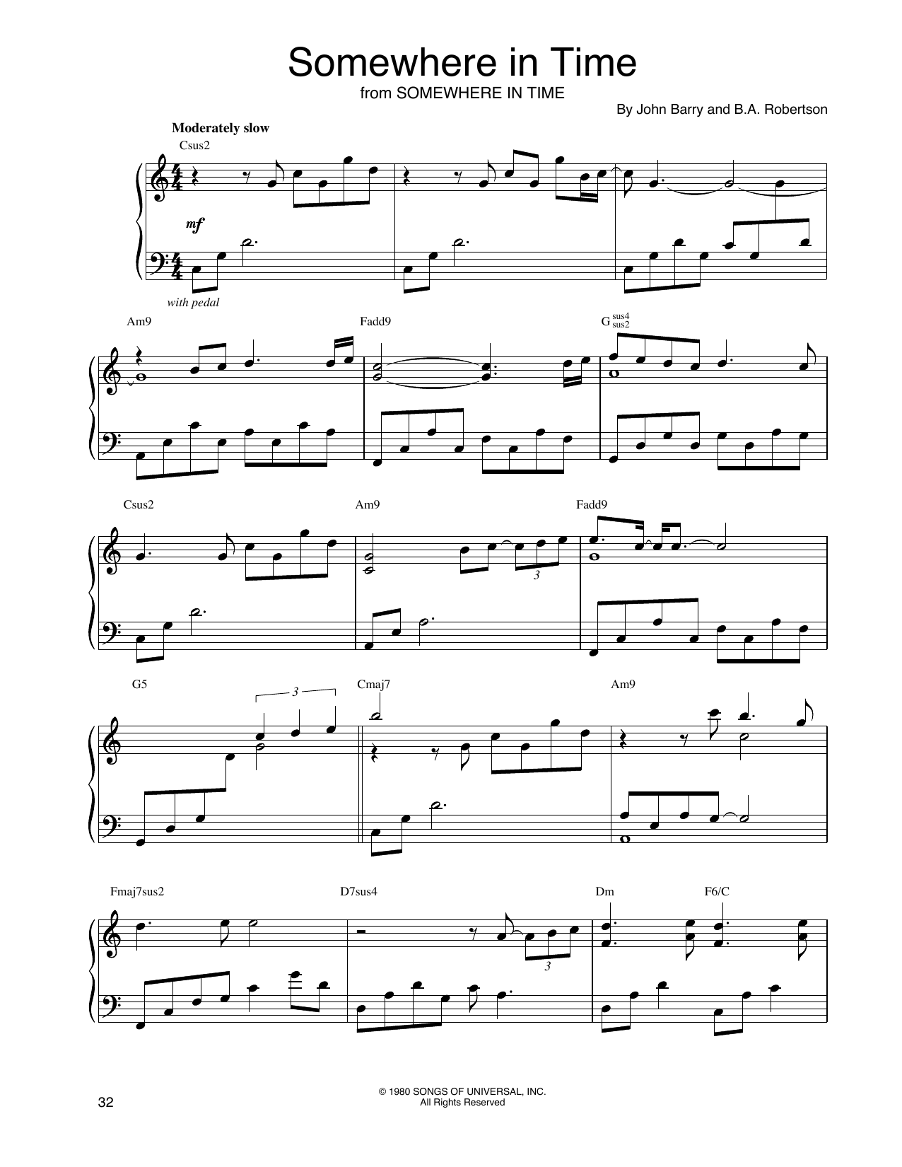 John Tesh Somewhere In Time sheet music notes and chords arranged for Piano Solo