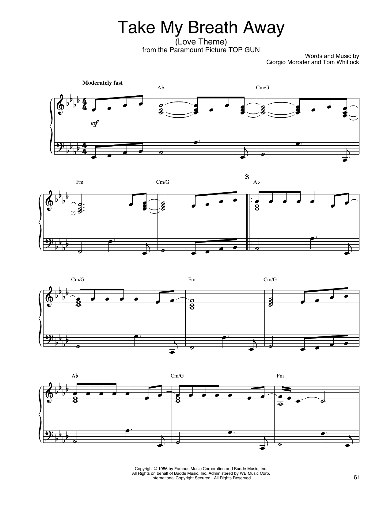John Tesh Take My Breath Away (Love Theme) sheet music notes and chords arranged for Piano Solo