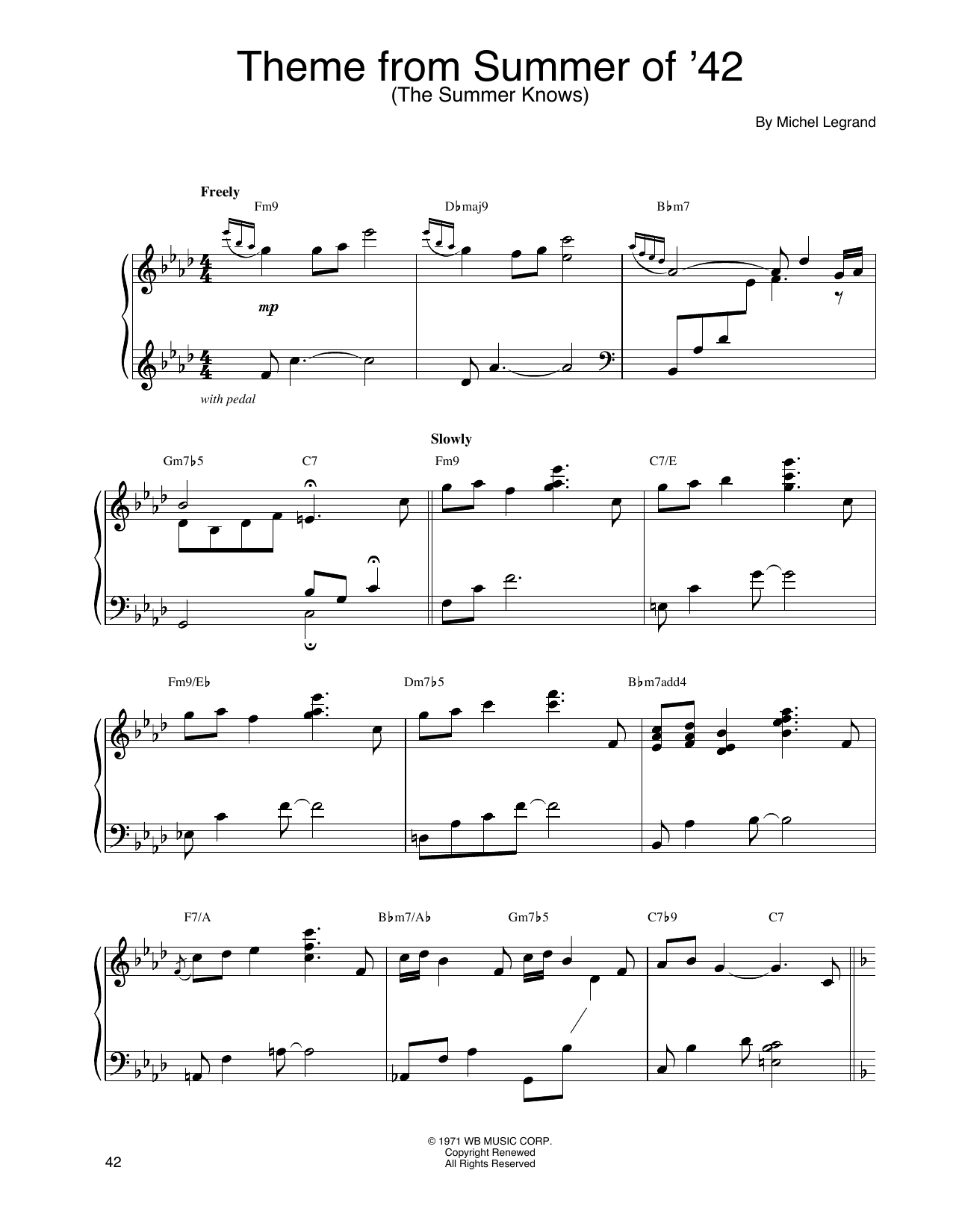 John Tesh Theme From Summer Of '42 (The Summer Knows) sheet music notes and chords arranged for Piano Solo